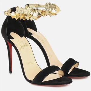 Christian Louboutin Planetava Black/Gold Stud Embellished Ankle | Size 37.5